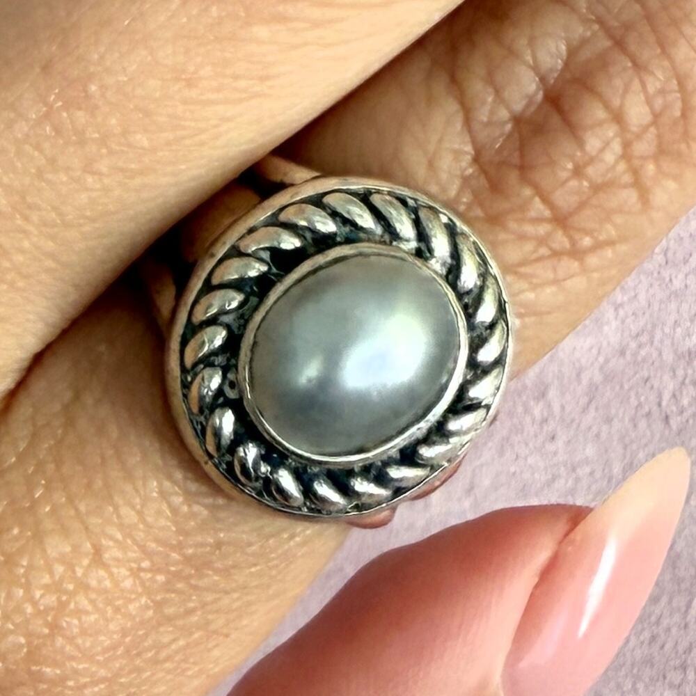 sterling silver braided grey pearl ring size 7